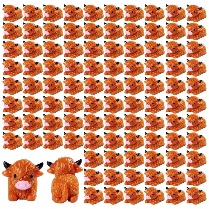 Teenzee 50 Pcs Mini Highland Cow Figurines Bulk Mini Cow Figurines Cake Decorations Cute Miniature Resin Sculpture Ornament Micro Landscape Office Garden Desk Party Tabletop Decor