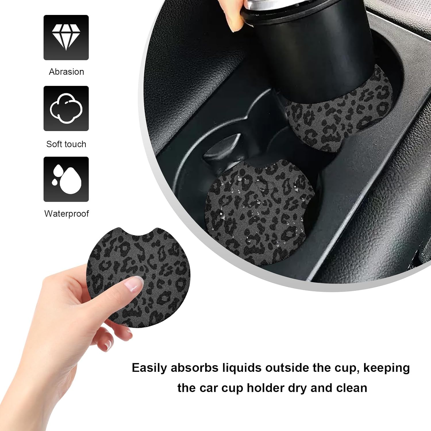 2PCS Car Cup Coasters, 2.75 Inch Leopard Print Cup Holder Coaster with Fingertip Grip, Anti Slip Rubber Drink Mat Shockproof Cheetah Print Auto Insert Coasters for Men Women (Style 2, Hollow)