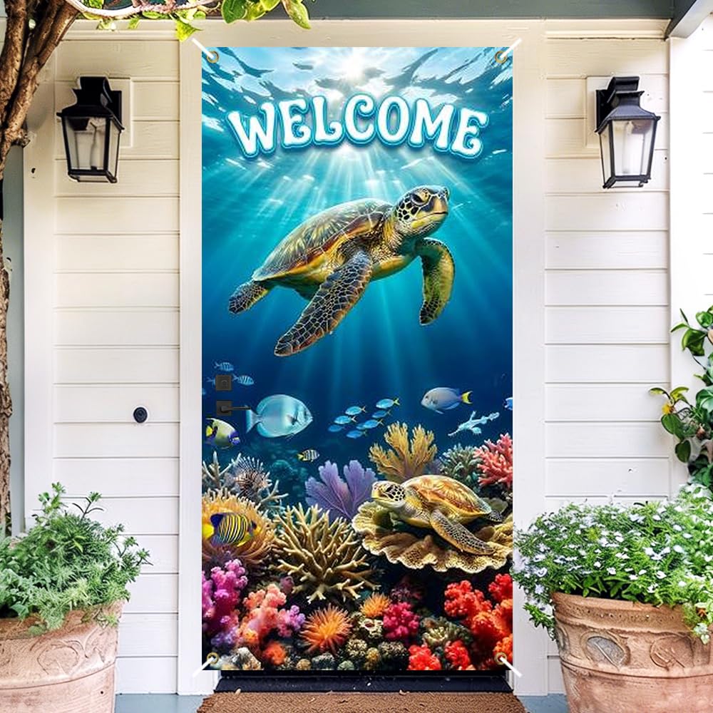 Welcome Sea Turtle Door Cover Ocean Underwater Front Door Banner
