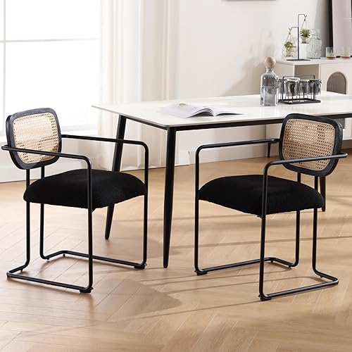 Ya-Home Juego de 2 sillas de comedor modernas, sillas laterales tapizadas, sillón de tela Sherpa con respaldo de ratán, patas de metal para comedor,