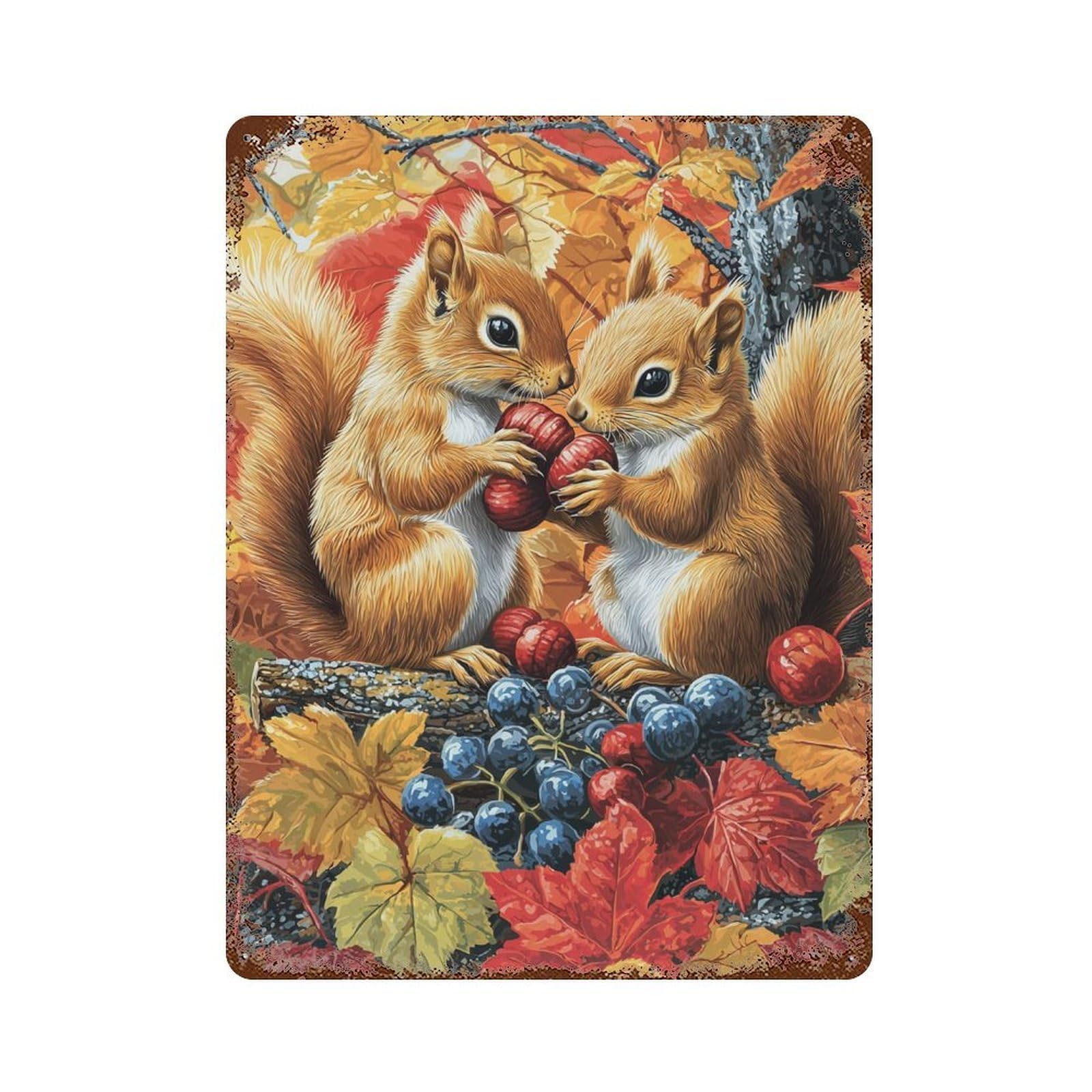 Autumn Squirrel Berries Painting Retro Metal Sign 15.7"x11.8", Industrial Home Decor for Garage, Pub Or Kitchen