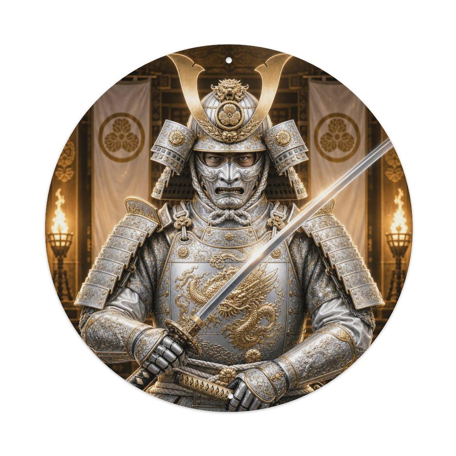 Okngb Style Ronin Platinum Silver Frontal Guard Stance Blade Token Metal Tin Sign Plaque Wall Decor For Cafe, Man Cave, Club Bar, Office, Home Garden Round Metal Poster 8X8inch