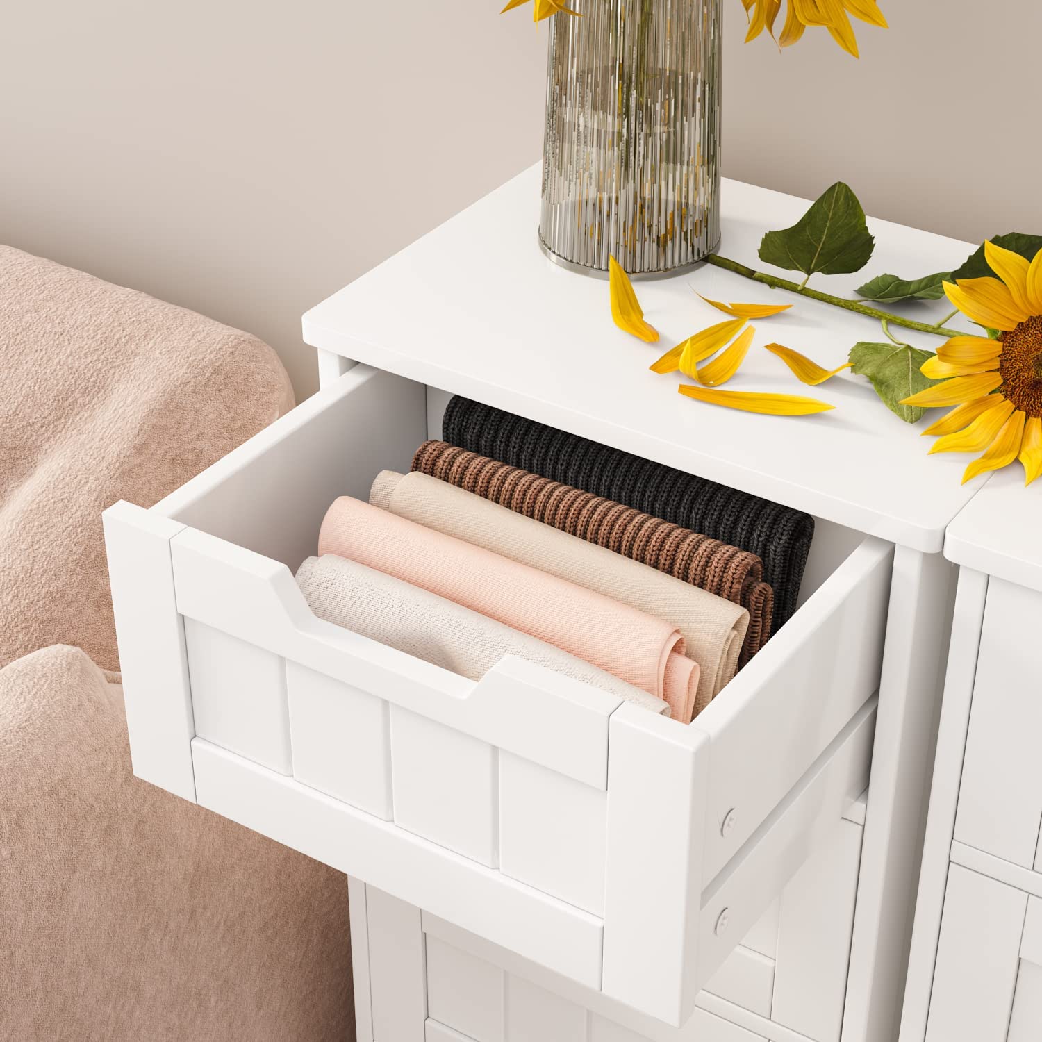 FOREHILL Mobile Bagno con 5 Cassetti,Cassettiera bagno in Legno,Armadietto Autoportante per Soggiorno, Cucina, Corridoio, Bagno 40x30x102cm Bianco