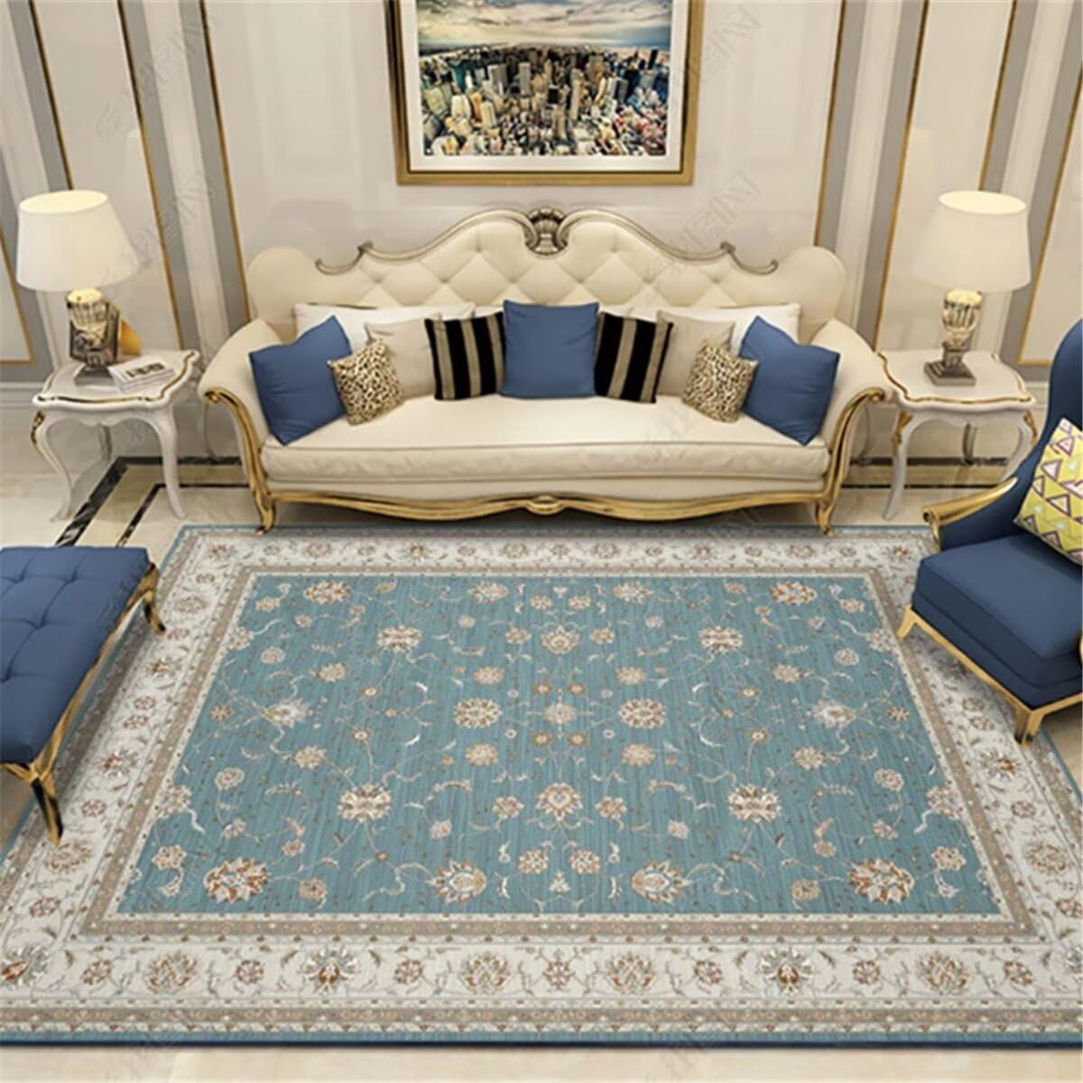 Tapis bleu de salon et chambre enfant à motif floral 200x260 cm