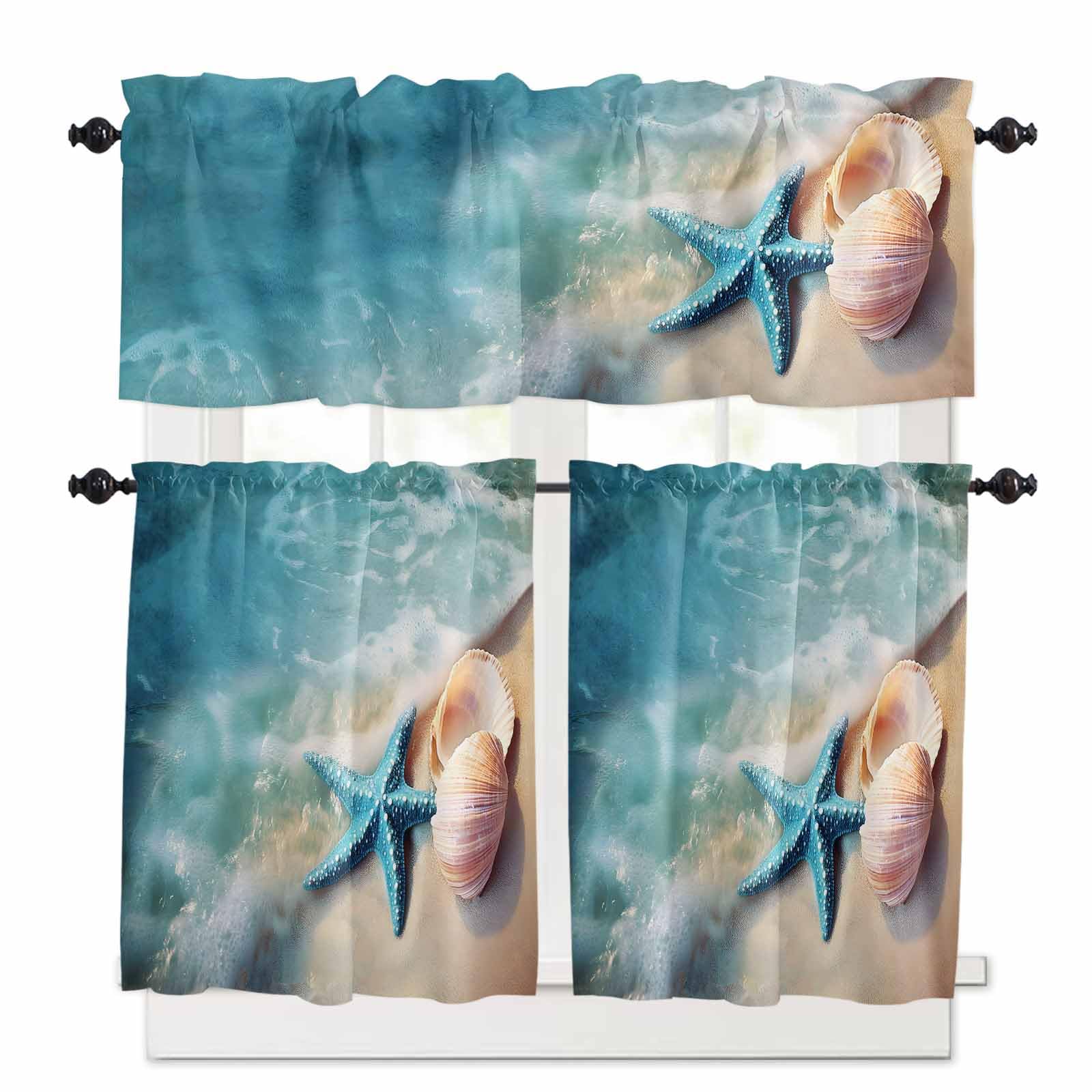 Blue Coastal Kitchen Curtains 24 Inch Length, 3 Piece Rod Pocket Small Half Tiers and Valance Set, Summer Nautical Seaside Starfish Shell Small Large Window Treatment Decor for Bedroom/Bathroom Sink