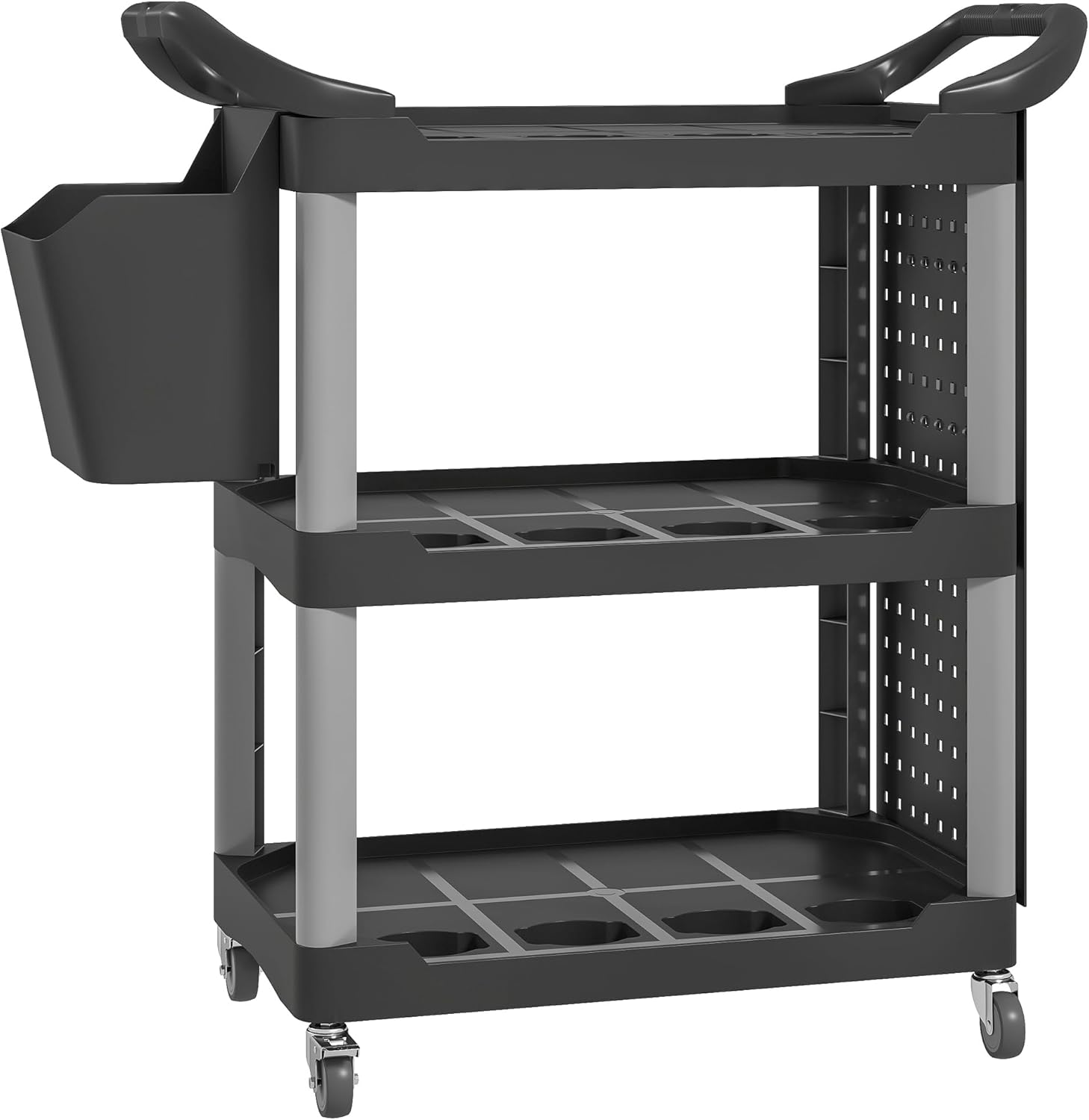 HOMCOM 3 Tier Utility Cart on Wheels, Rolling Tool Storage with Pegboards and Bucket, 200 LBS Load Capacity Plastic Service Cart for Garage, Warehouse, Workshop, Black and Light Gray
