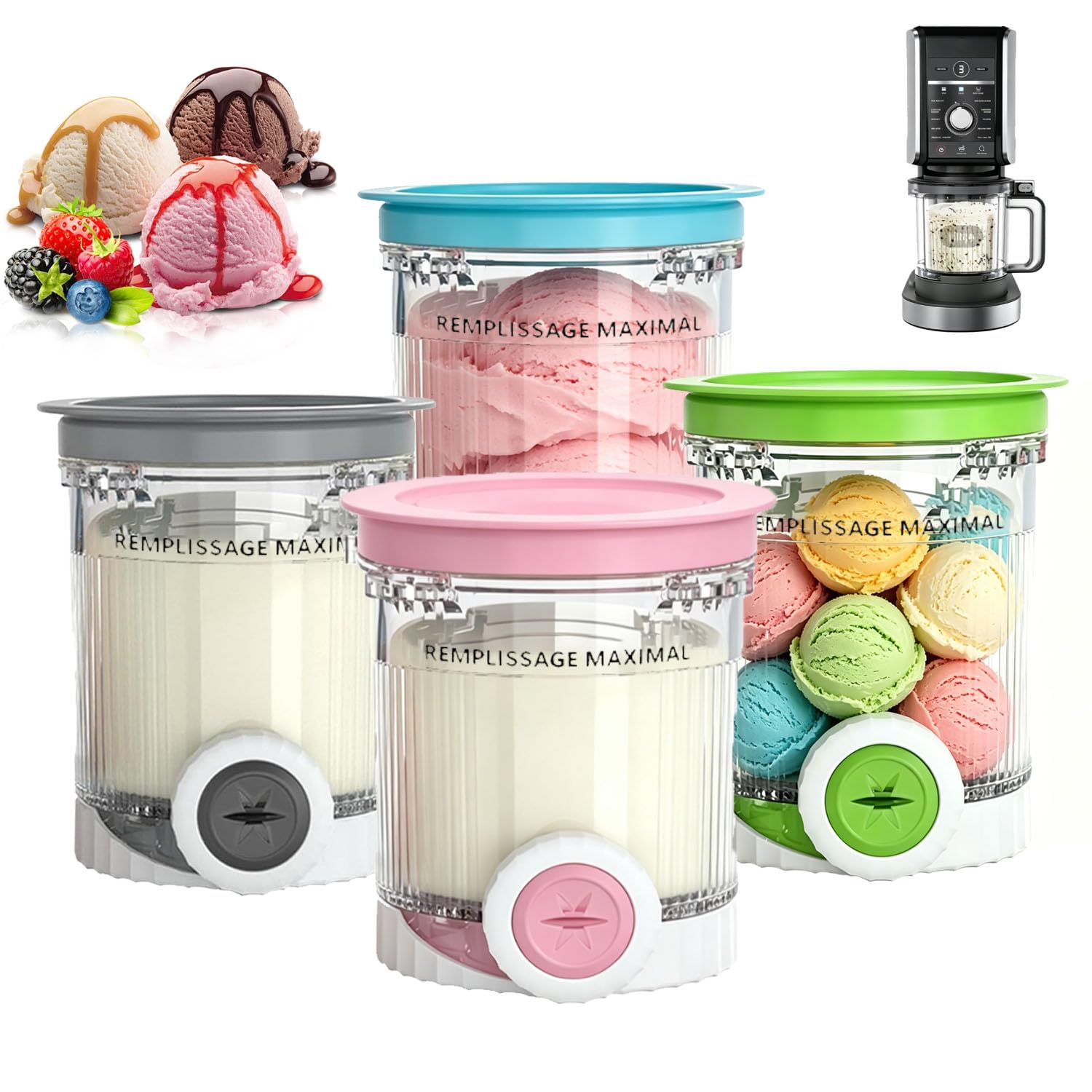 Lot de 4 Pots pour Ninja Creamy Deluxe NC700 NC701,480ml Pot pour Ninja Creamy Swirl,Accessoires pour Ninja Machine à Glace,Sans BPA avec Couvercles Étanches et Lave Vaisselle