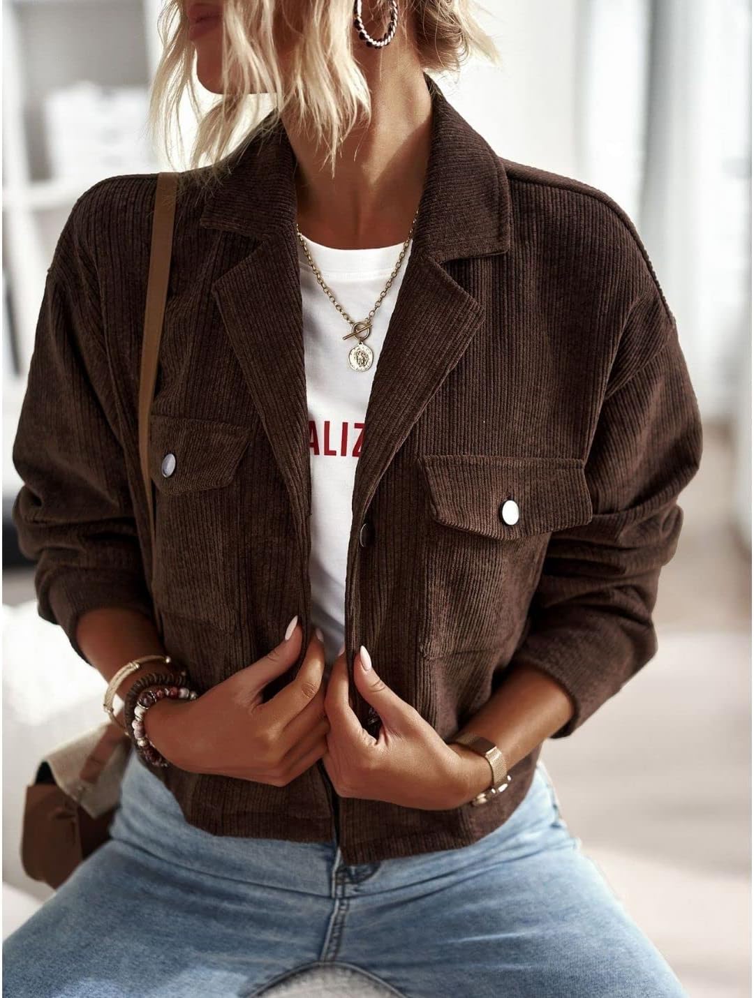 Kwoki Women's Corduroy Jackets Casual Button Down Cropped Shacket Fashion Trendy Crop Top Blazers - Image 3