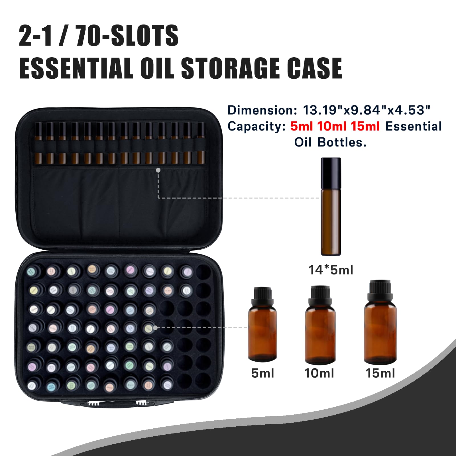 Aufbewahrungstasche für ätherische Öle, 70 Flaschen, ätherische Öle, Box für 5 ml, 10 ml, 15 ml, Rollflaschen, Reise-Aufbewahrungstasche für doTERRA & Young Living (schwarz)