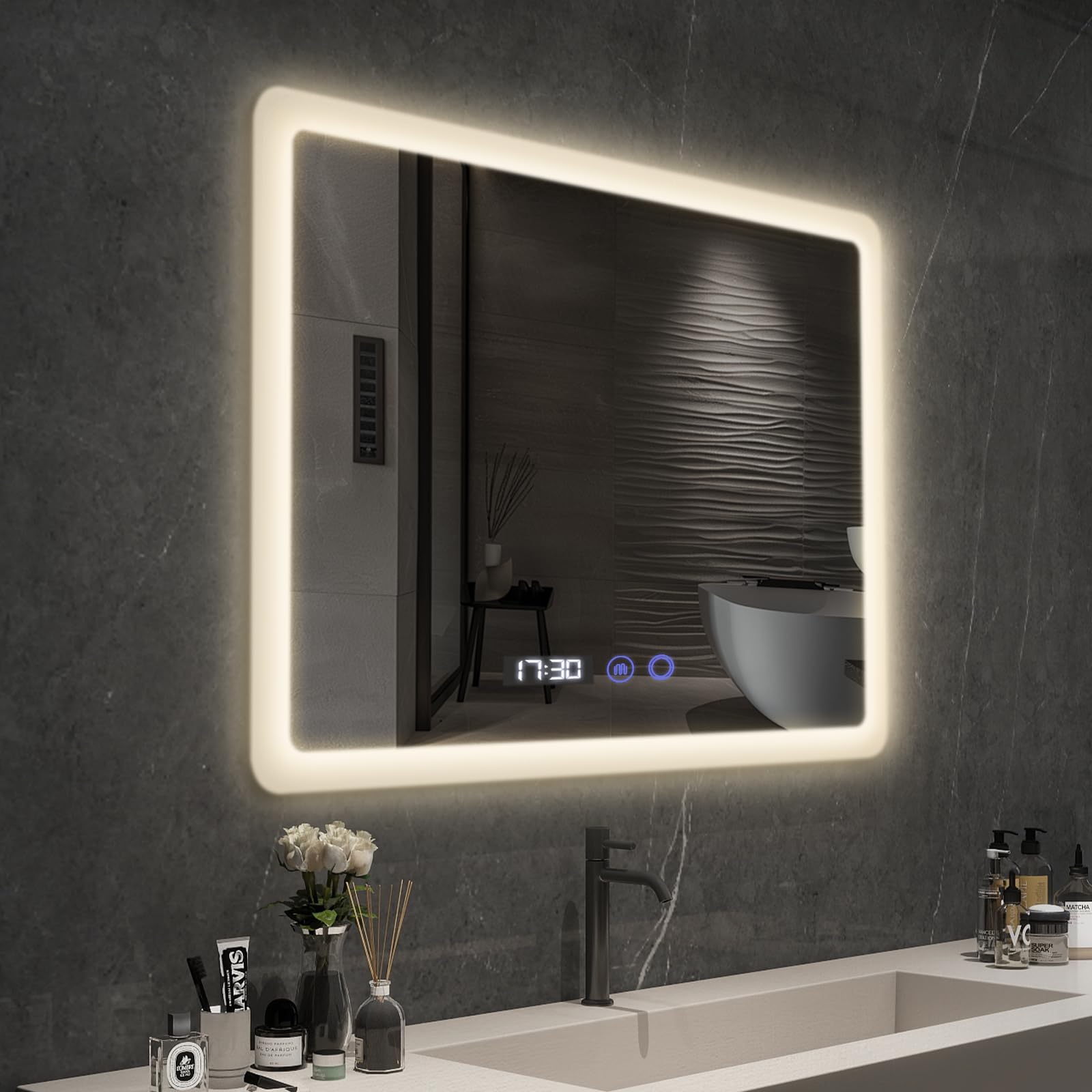 YOURLITE Miroir Salle de Bain LED 80x60 cm Dimmable 3 Couleurs Antibuée Affichage Horloge Température IP44 Blanc
