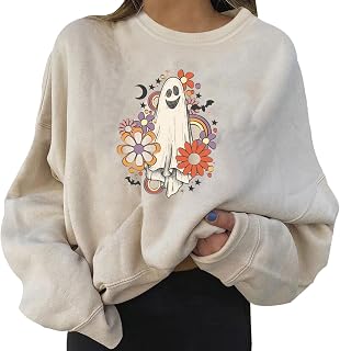 YuzRong Women Tops Long Sleeve Halloween Print Sweatshirt Long Pullover Letter Print Printing Long Sleeve Skateboard Women Blouse Festival Tops for Best Gift Daily Wear