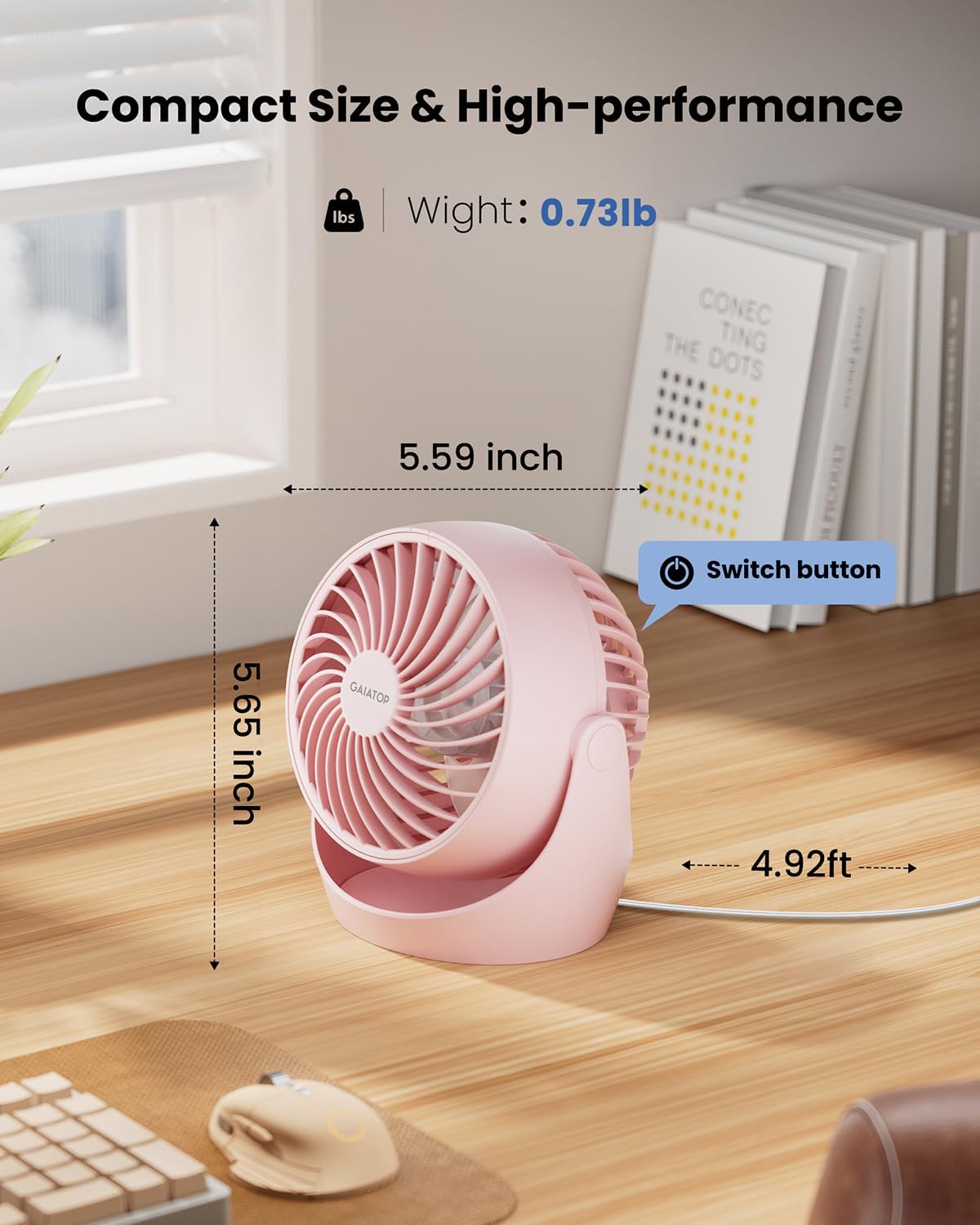 Gaiatop Desk Fan, 5-Inch Portable Electric Table Desktop Air Circulator Fans, Small but Powerful with 3 Speed 360° Adjustable Tilt for Cooling Home Dorm Office Bedroom Bathroom Kitchen, Pink - Image 4