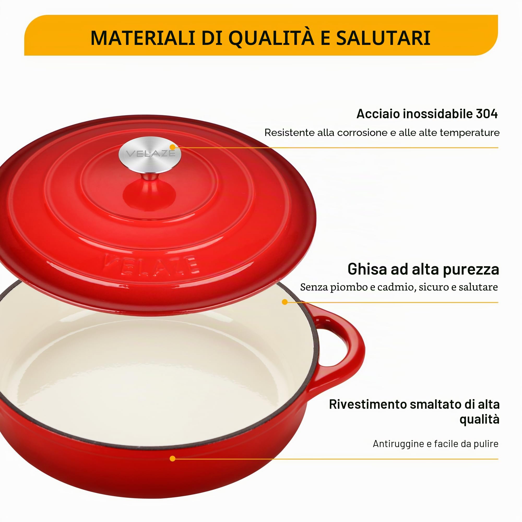 Velaze Casseruola in Ghisa, Pentola a Induzione per Stufati e Brasati, Cocotte Casseruola con Coperchio in Rivestimento Smaltato, Forno Olandese, Rosso, Rotondo - 28cm, 3.5L