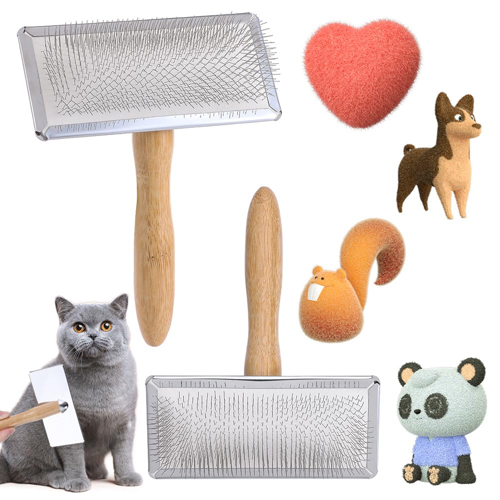 Wool Carders Needle Felting Brush, Hand Carders for Wool, Craft Wool Needle Felting Tools with Solid Wood Handle, Slicker Brush for Dogs, Spinning and Weaving, for Craft Felt Project (Silver)