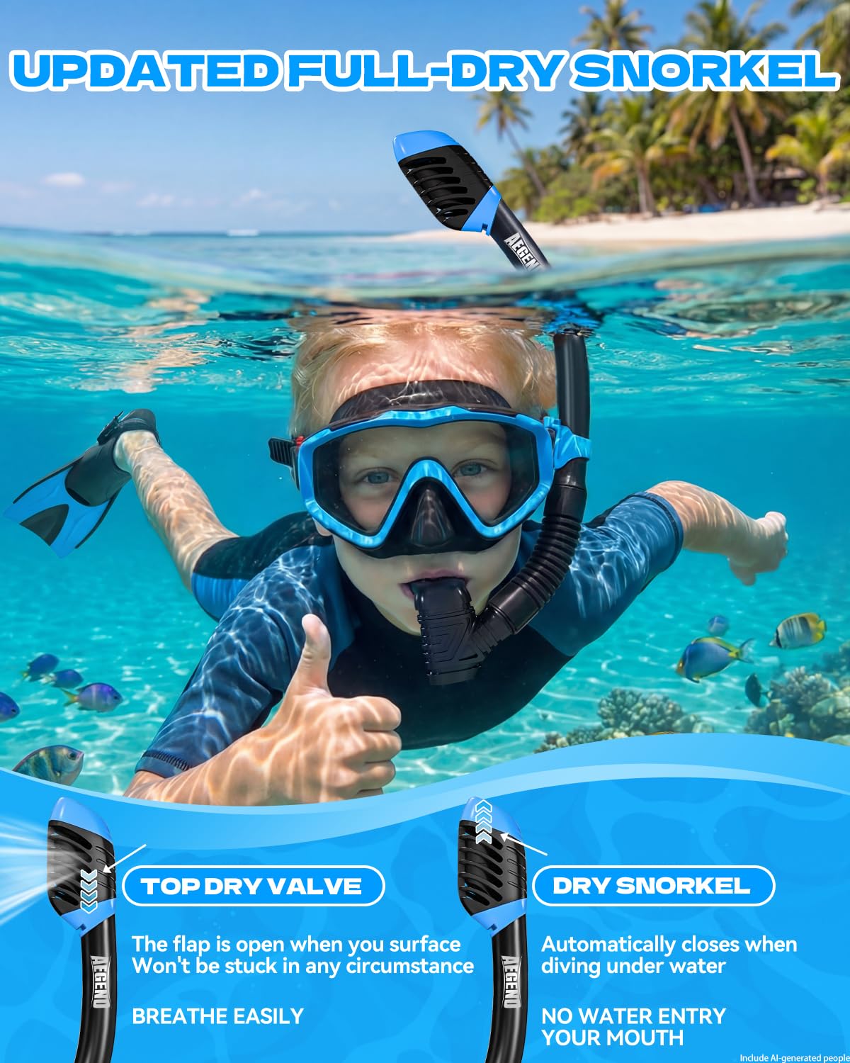 Aegend Attrezzatura da snorkeling per bambini e ragazzi, maschera subacquea anti-appannamento, pinne regolabili e boccaglio asciutto, kit completo per snorkeling, immersioni, immersioni subacquee e