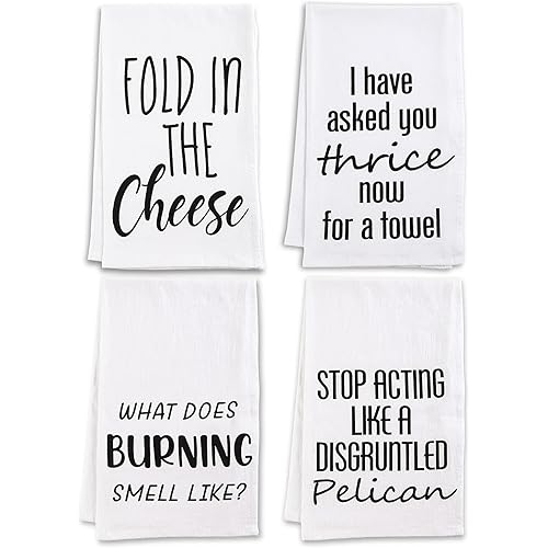 Vastsea Funny Kitchen Towels Set-Funny Flour Sack Dish Towels Decorative Set with Saying,Tea Towels,Funny Hand Towels Set of 4,New Home Gifts,Housewarming Gift for Women Hostess,White