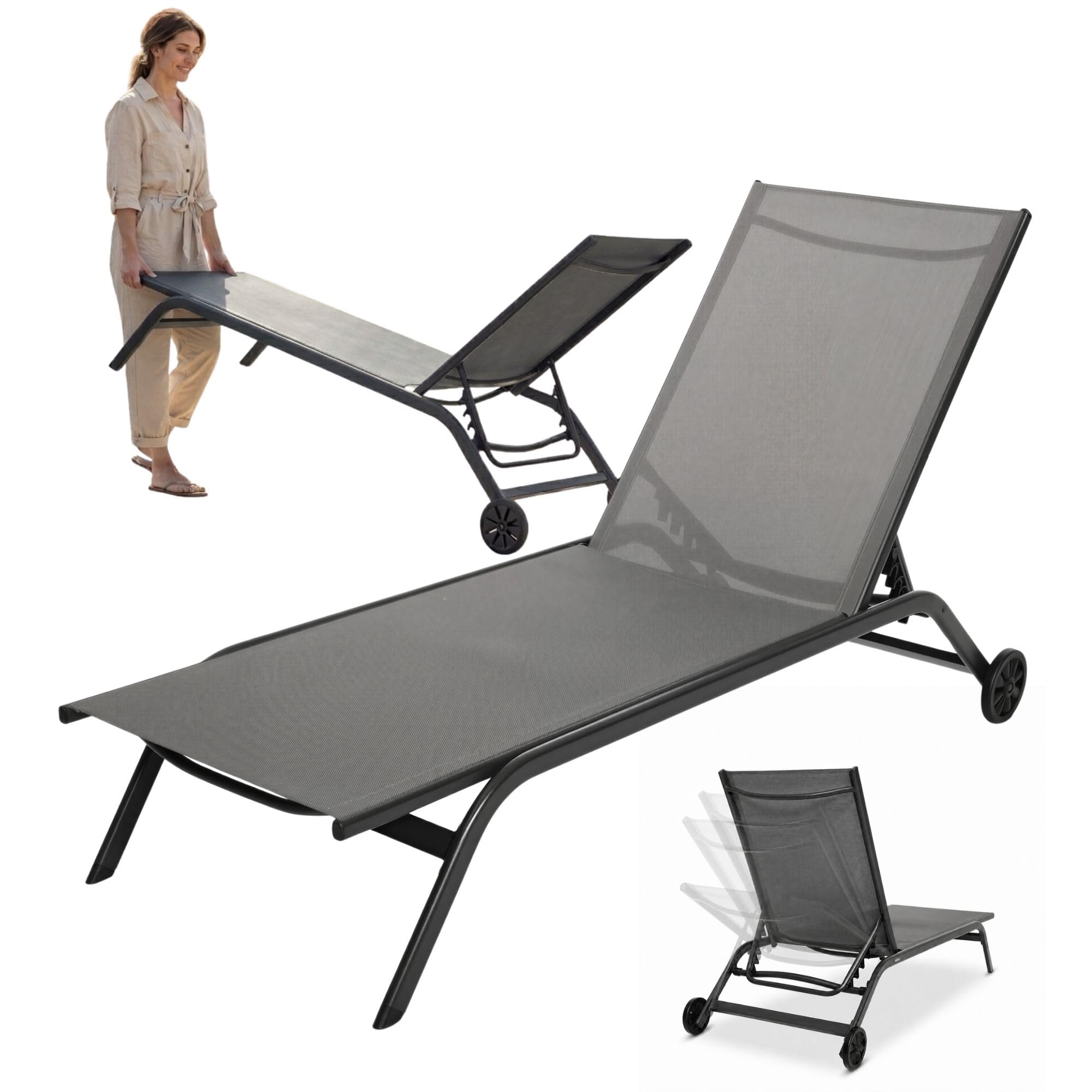 di volio Sonnenliege MEAPOL – grau, klappbare Gartenliege mit Rollen, wetterfest & verstellbar, ideal für Garten und Terrasse