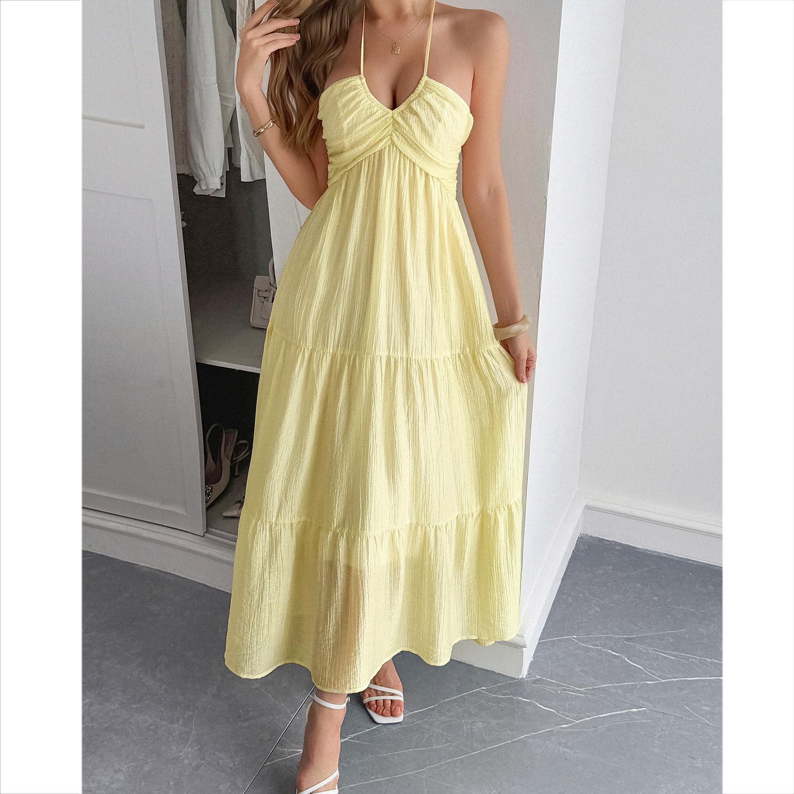 Abito Estivo da Donna con Scollo all'Americana, Abito Canotta con Spalline Sottili, abitos Lungo Fluido per Le Vacanze al Mare