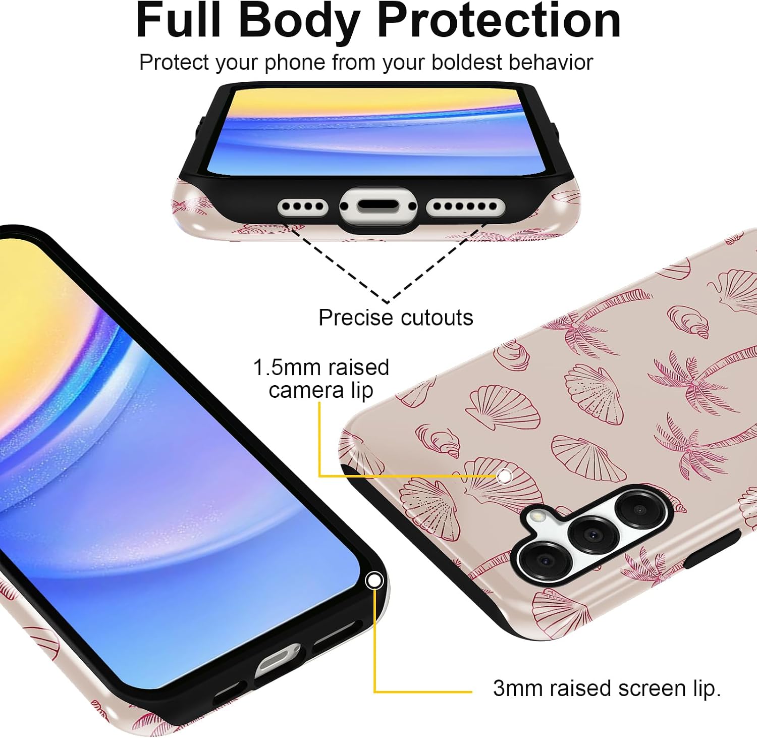Cute Summer Seashell Phone Case for Samsung Galaxy A15 5G Case 6.5", Coquette Pink Palm Tree Beach Pattern Print Design 2-in-1 Glossy Phone Cover Shockproof Soft TPU Hard PC Girls Women Funda image 4