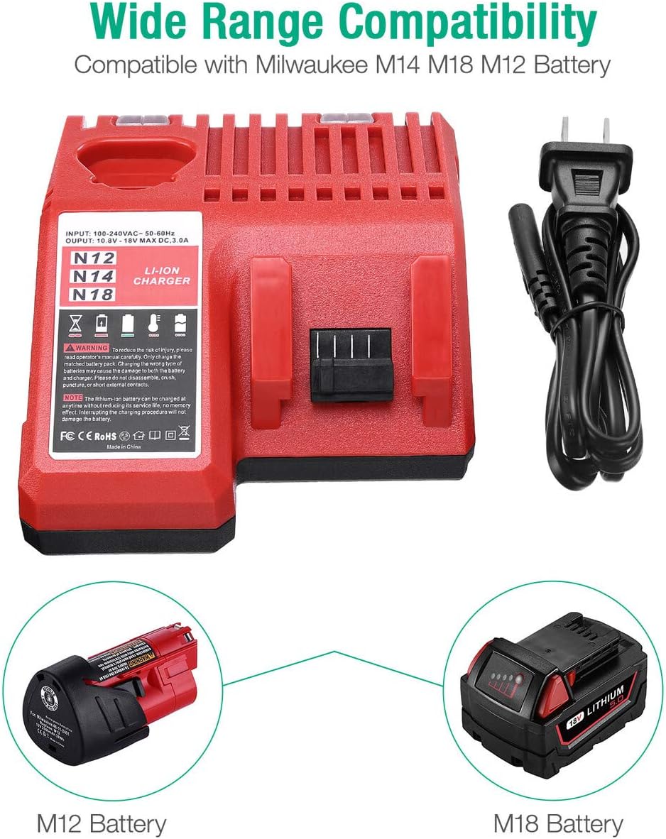 FirstPower 6.0Ah 18V M-18 Battery & Charger - Compatible with Milwaukee M-18 48-11-1852 18V Lithium XC Cordless Power Tools & Charger for M12 M14 M-18 Li-ion Battery