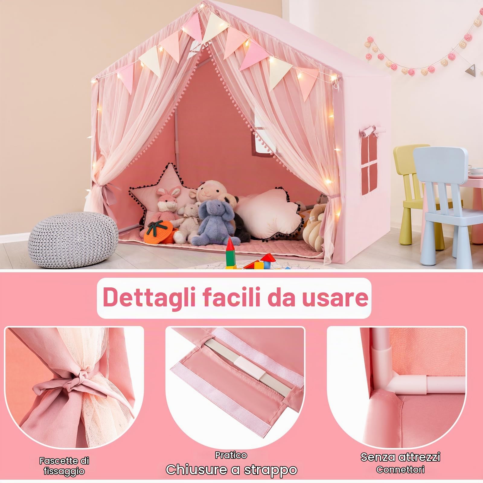 HOMASIS Tenda per Bambini Indoor, Casa da Gioco con Tappetino, Luci e Bandiere, Tenda da Gioco in Cotone, Tenda per Principesse per Ragazze e Ragazzi dai 3+ Anni per Camera dei Bambini (Rosa)