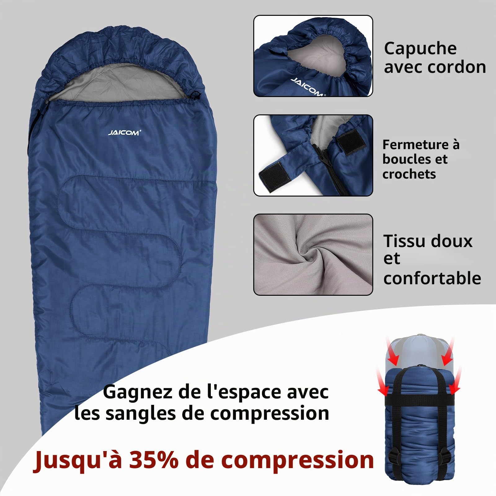 JAICOM Sac de Couchage, Ultraléger Duvet 1 Personne Grand Froid - Sac de Couchage Sarcophage pour Adultes pour Le Camping, Le Sac à Dos, l'intérieur et l'extérieur