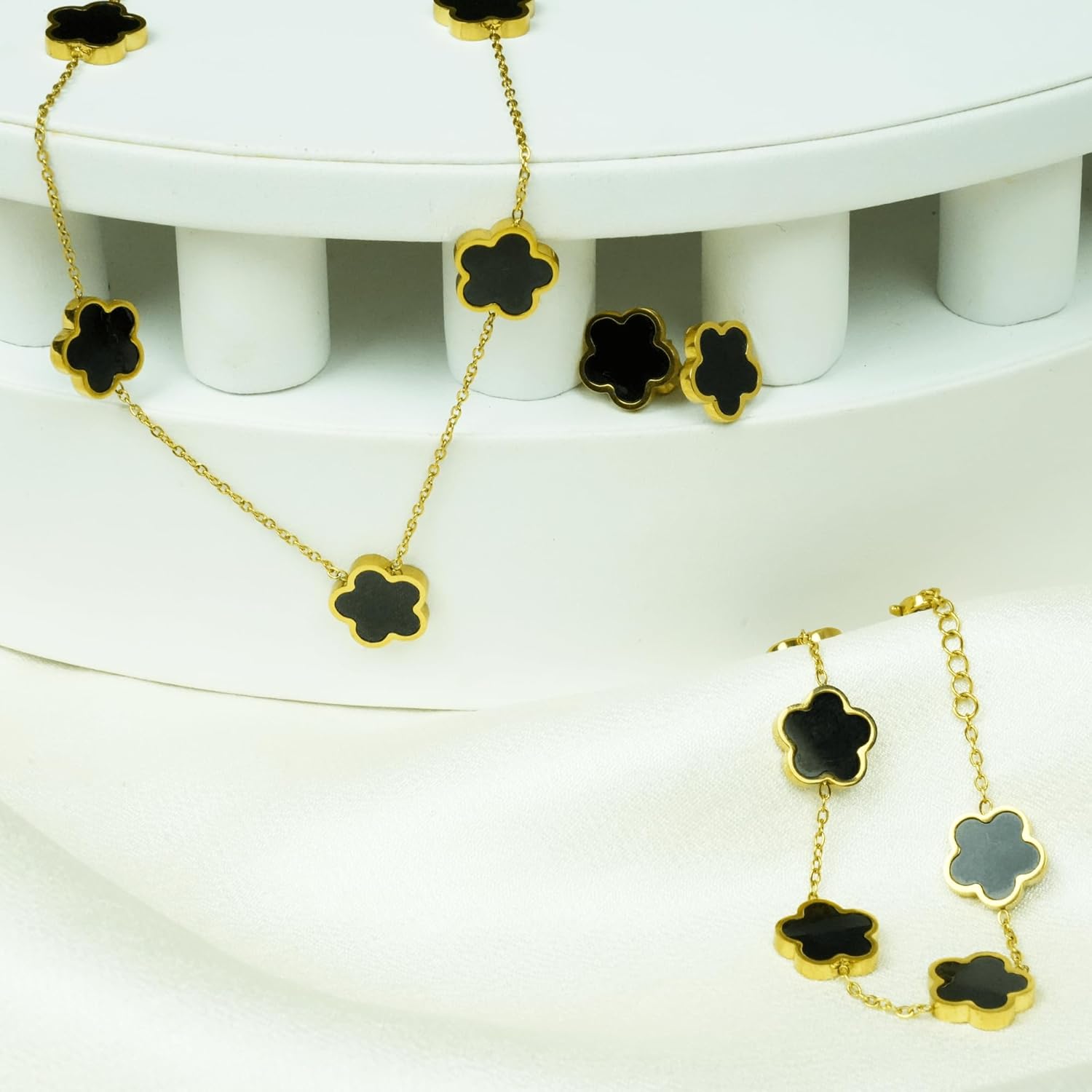 Five Leaf Clover Jewelry Set for Women |18K Gold Plated Bracelet Necklace Earrings | 5 Leaf Lucky Choker and Ear Studs for Mother and Daughter - Image 6