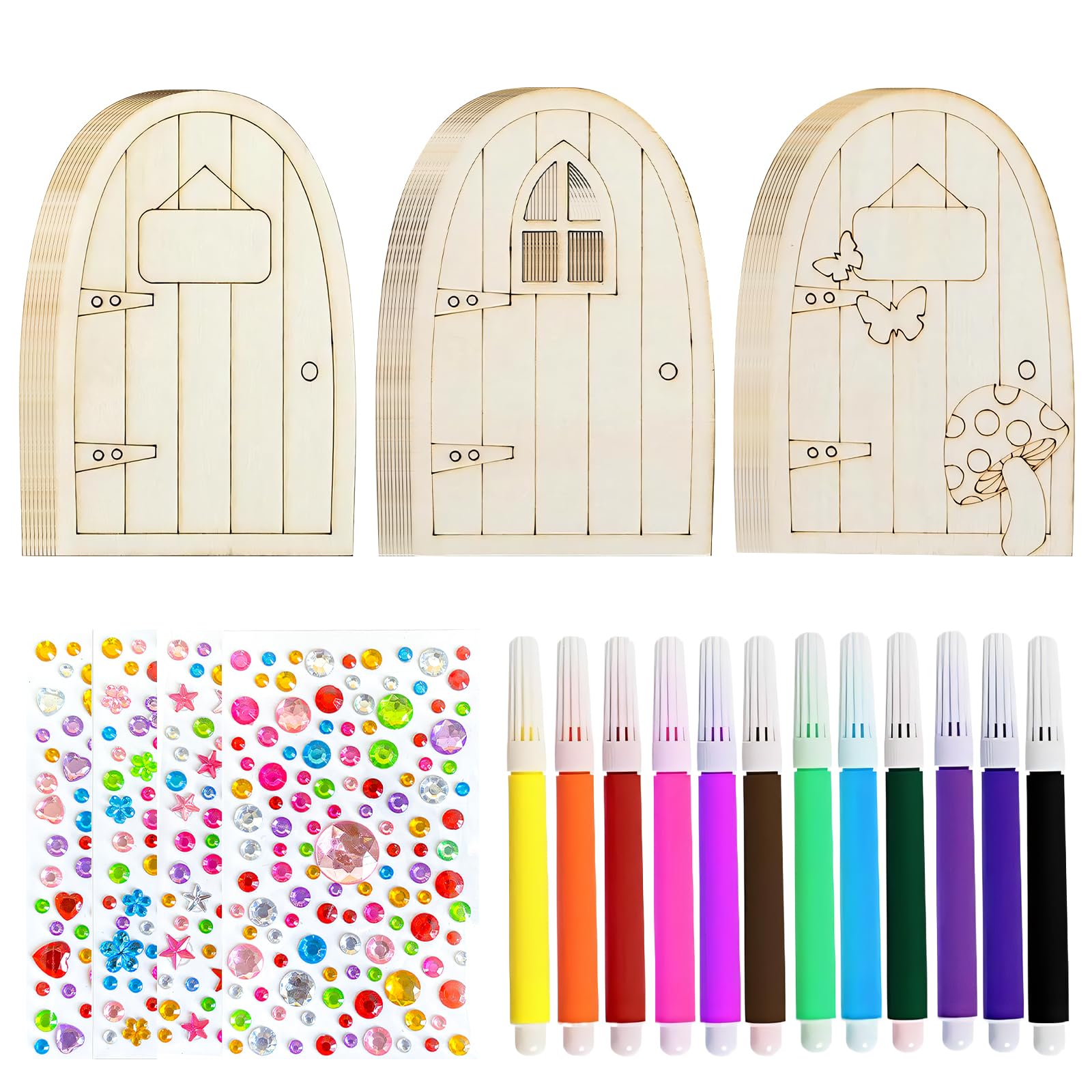ZDNT 30 Pcs Unpainted Wooden Fairy Door Elf Door Mini Door Shape Wooden Pieces Fairy Doors for Garden Trees with Gemstone Stickers for Kids DIY Home Office Birthday Wedding Party Christmas Decoration