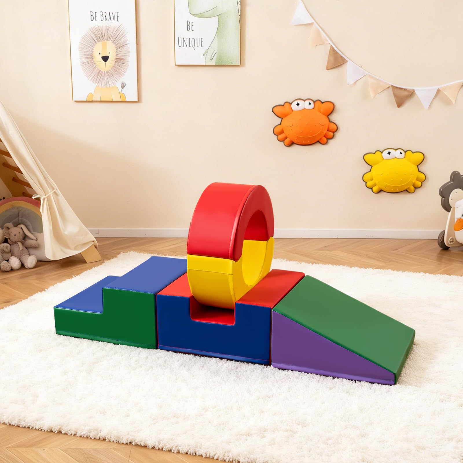COSTWAY Set di 5 Blocchi in Schiuma EPE per Bambini, Set Gioco da Arrampicata con Rivestimento Rimovibile in Finta Pelle Impermeabile, Blocchi di Costruzione Morbidi per Bambini 12+ Mesi