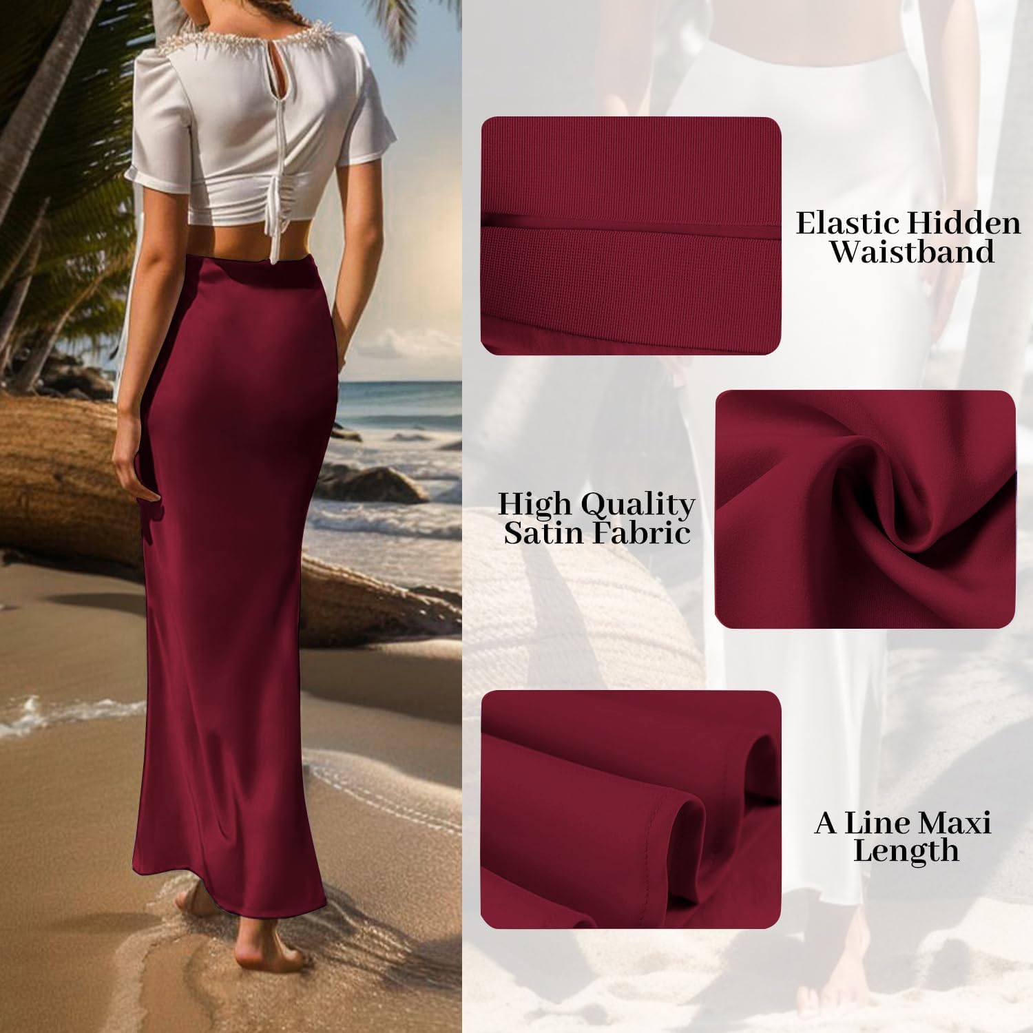Women's Satin High Waisted Maxi Skirts Hidden Elasticized Waistband A Line Long Skirt - Image 4