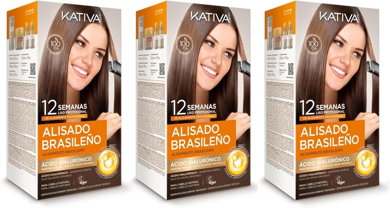 Kativa Kit lisciante brasiliano - Trattamento lisciante professionale a casa - Fino a 12 settimane di durata - Raddrizzamento Keratina - Confezione da 3