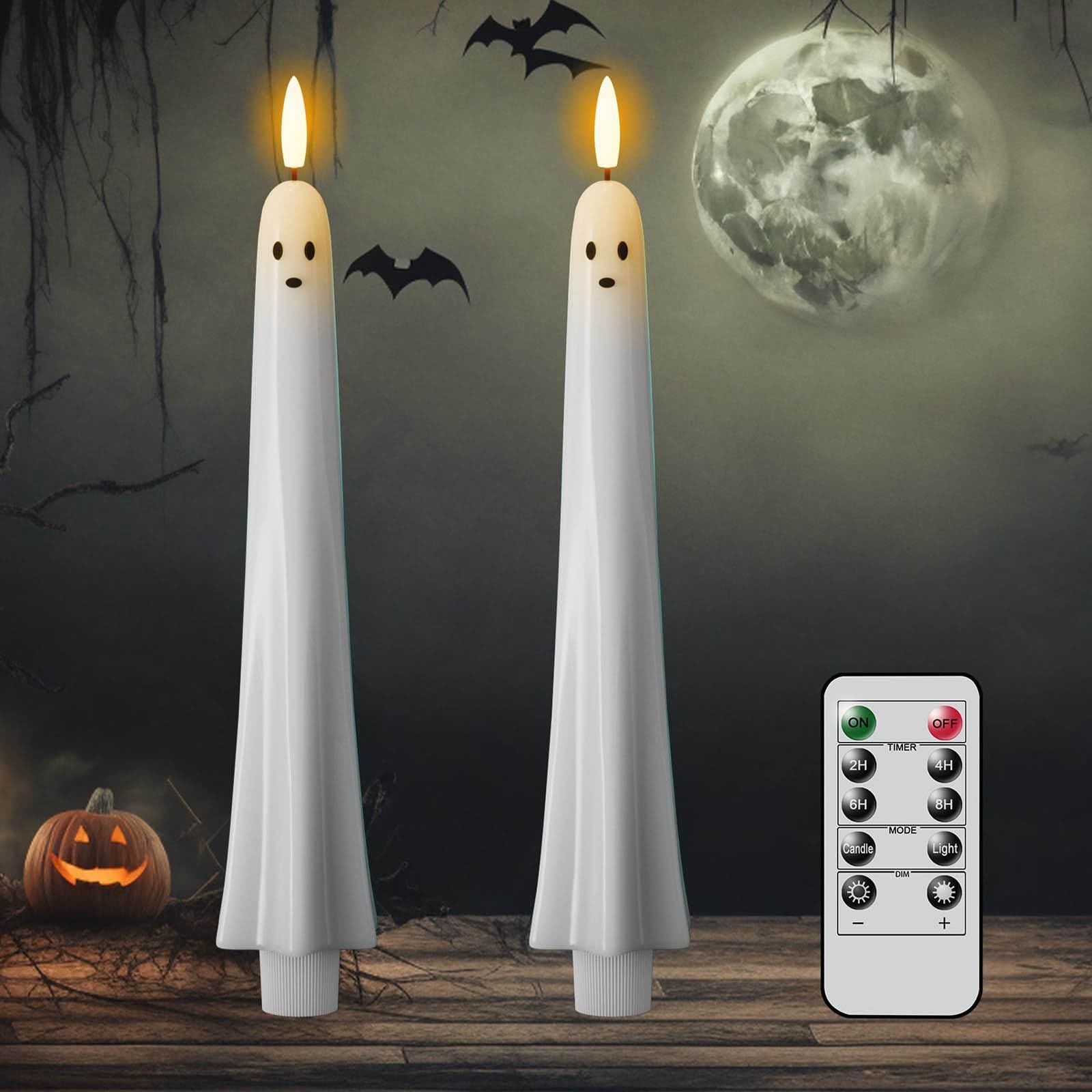 Halloween Ghost Flameless Candles, LED Taper Candles with Remote, Flickering Battery Operated, Halloween Decor for Indoor Outdoor Thanksgiving Fireplace Window Table Party，2PC