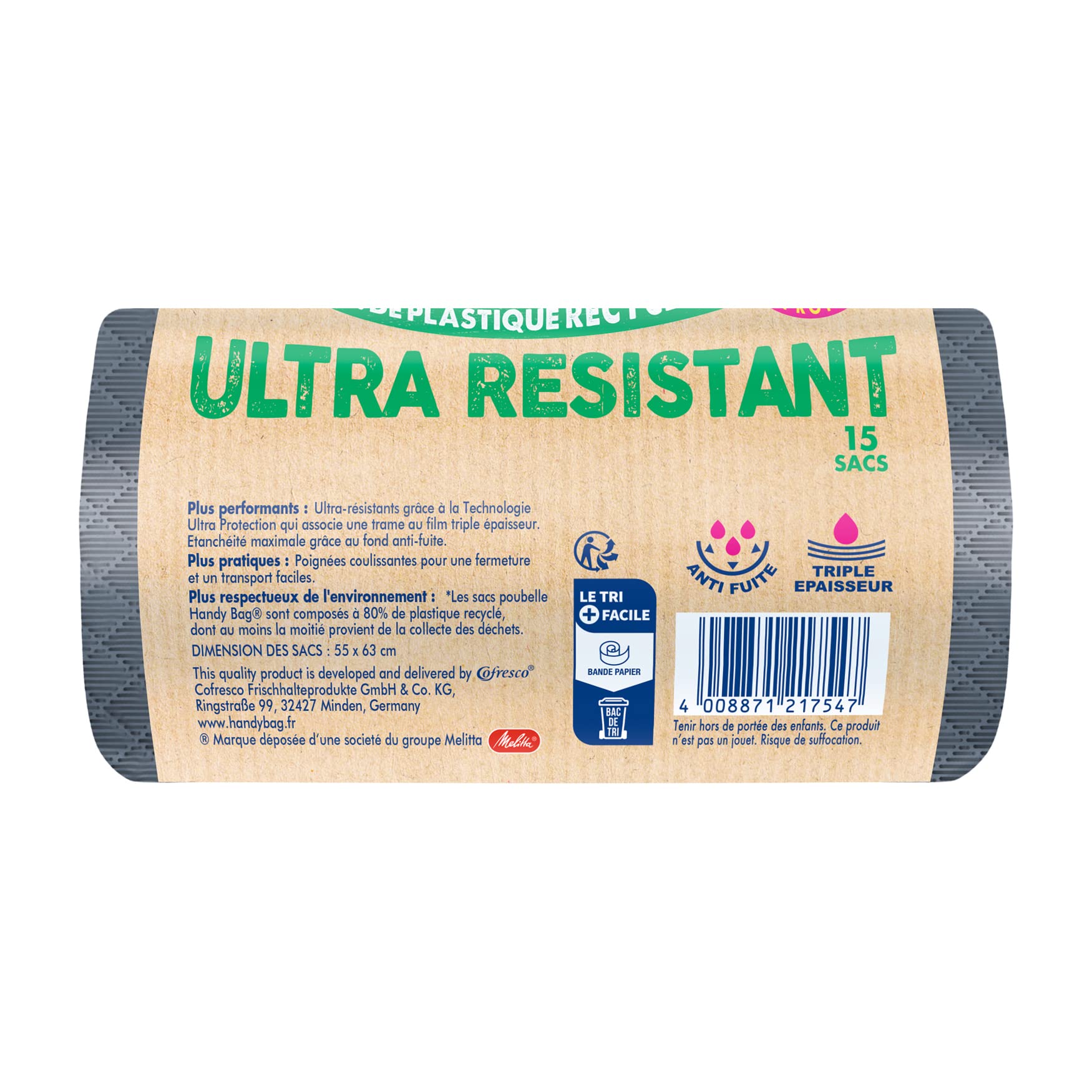 Visiter la boutique Handy Bag Handy Bag - Sacs poubelle à poignées coulissantes Ultra Résistant 30L x 15 sacs - Ultra Protection : trame et film triple épaisseur - Fond anti-fuite - Étanchéité maximale - 100% plastique recyclé in use