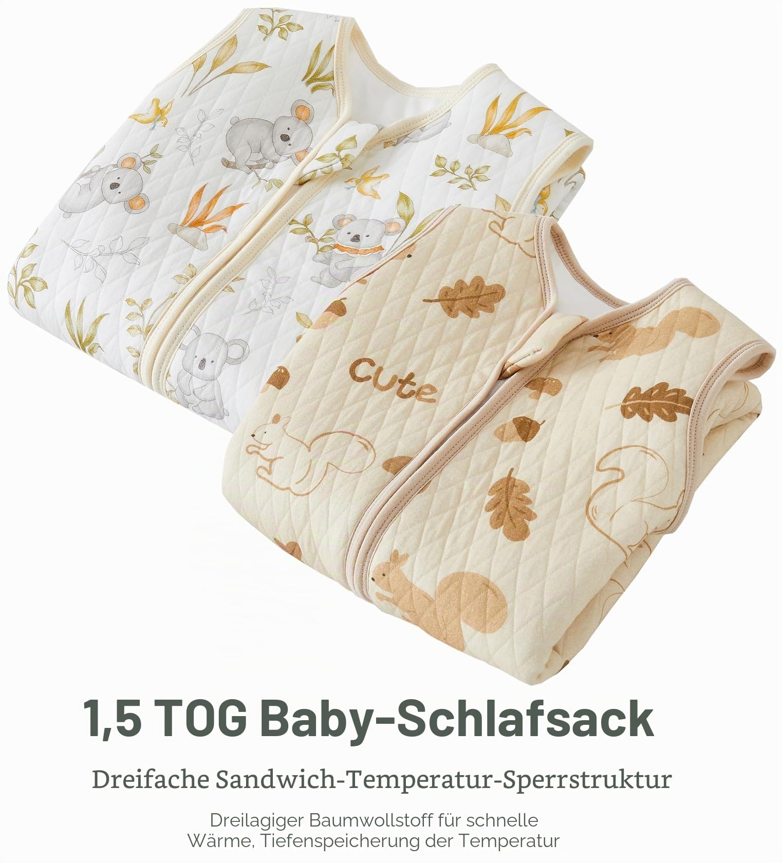 Chilsuessy Baby Ganzjahres Schlafsack mit Füßen 1.5 Tog 2er Pack Kleinkind Schlafsack mit Beinen Baumwolle, 1.5 Tog/Eichhörnchen + Koala, 90cm/Baby Höhe 100-110cm