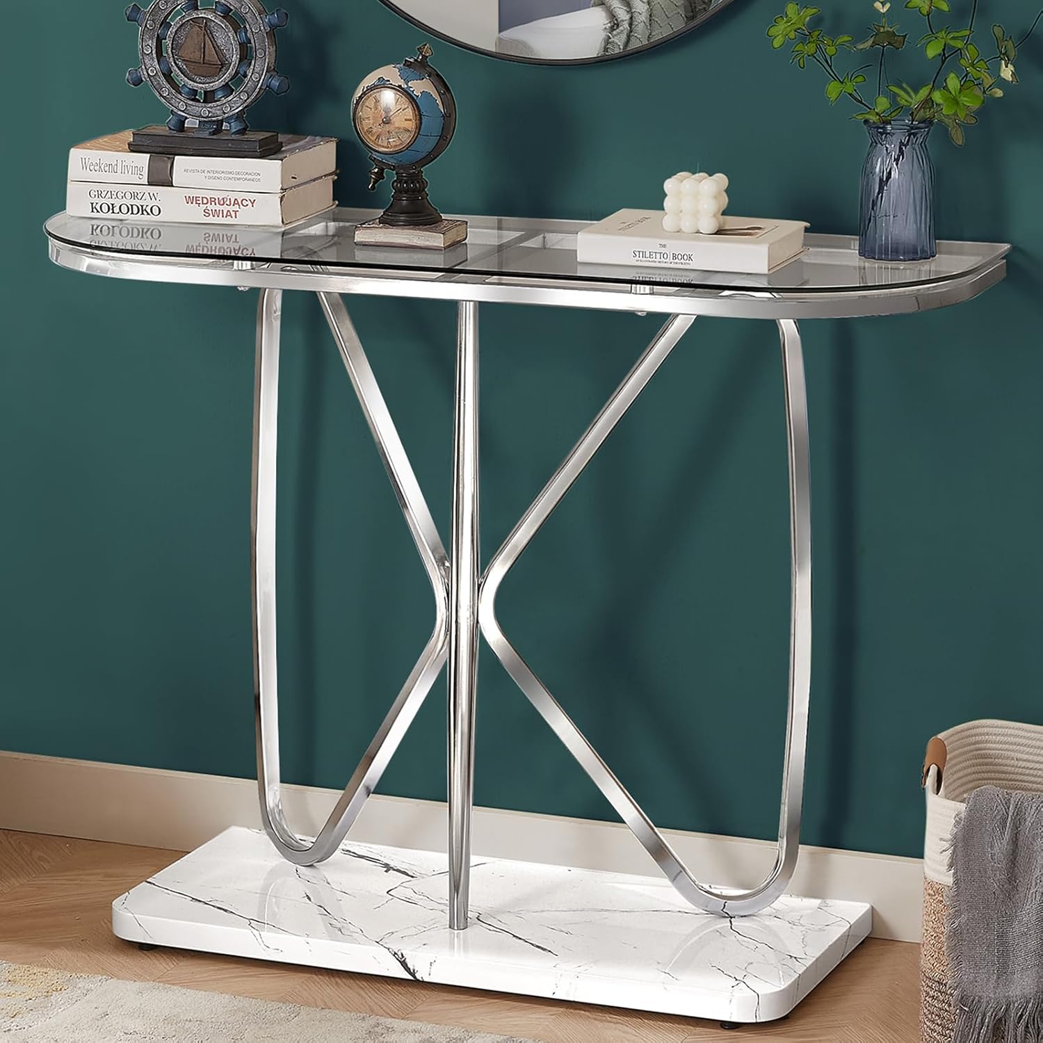 HOMISSUE Console Table, Modern Console Table with Tempered Glass Top and Chrome Frame, Glass Entryway Table with Marbled MDF Base, Console Table for Entryway, Hallway, Living Room (Silver&Clear Glass) Silver Clear Glass
