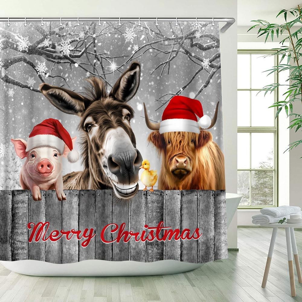 Christmas Funny Highland Cow Shower Curtain Winter Rustic Farmhouse Donkey Pig Duck Forset Wooden Holiday Bathroom Decor Fabric Curtains with Hook 70Wx80H Inches