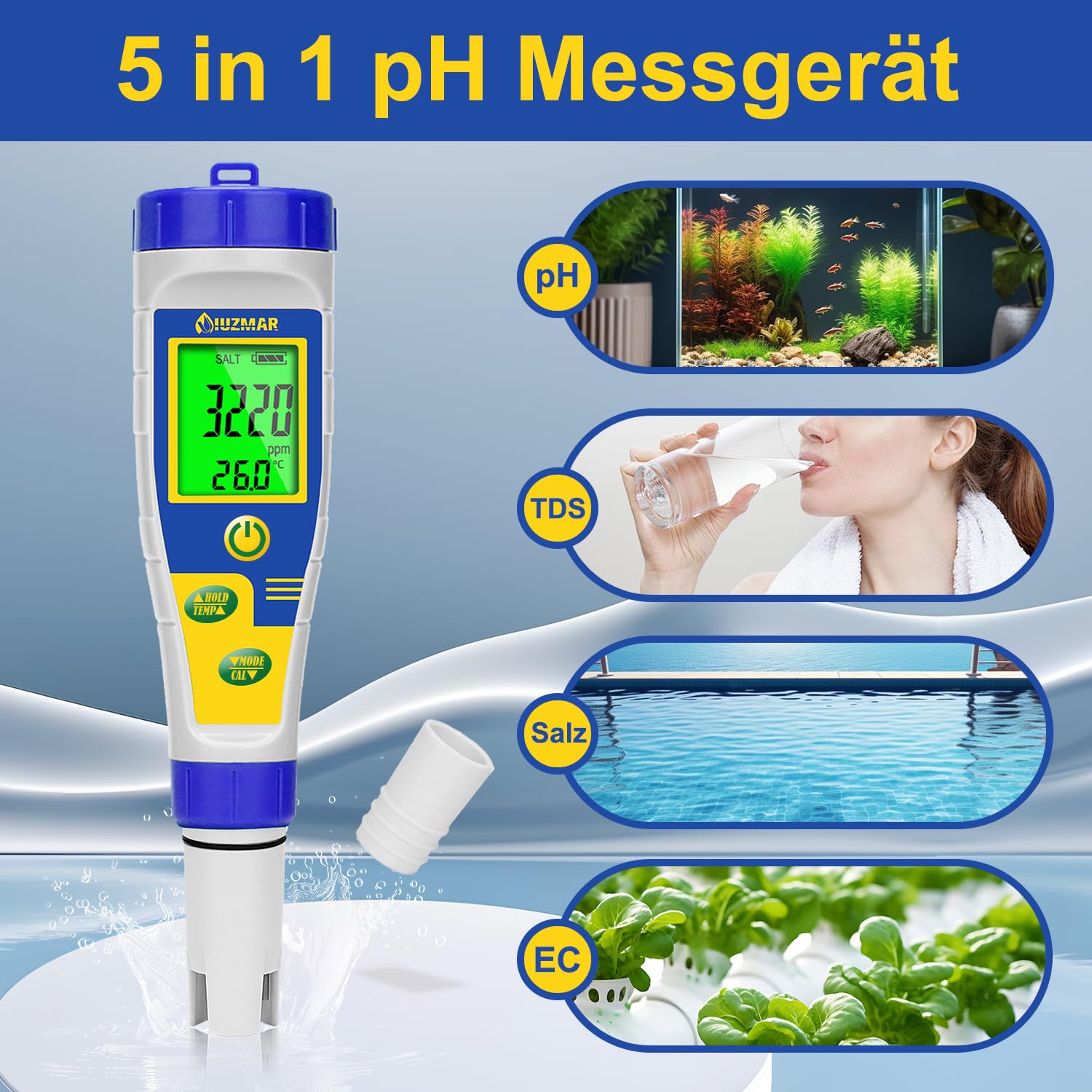 UIUZMAR Salzgehalt Messgerät für Poolwasser, Digitales pH und Salzmessgerät für Pool, Größerer Bildschirm, 5-in-1 pH Salz EC TDS Temperatur Wasser Tester für Hydrokultur, Aquarium, Spa