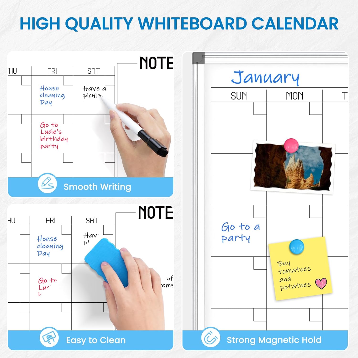 WALGLASS Dry Erase Calendar Whiteboard, 48" x 36" Monthly Large Dry Erase Calendar for Wall, Double-Sided Hanging White Board with Silver Aluminum Frame for Home, School, Office, Kitchen