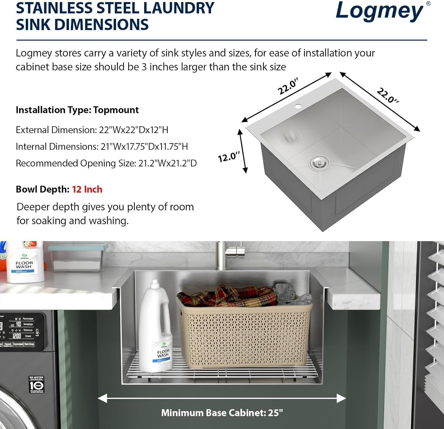 Logmey 22x22 Drop in Laundry Sink 22 Inch Laundry Room 12" Deep Sinks Handmade 16 Gauge Heavy Duty Stainless Steel Large Capacity Utility Washing Tub for Home & Commercial Use