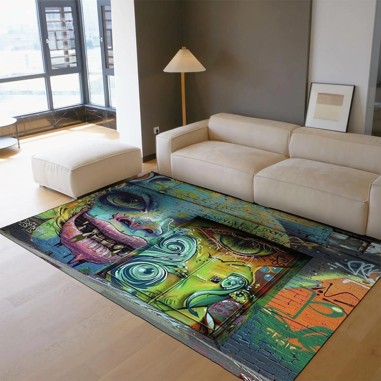 Tapis lavable 100x150cm graffiti moderne abstrait avec envers antidérapant pour studio