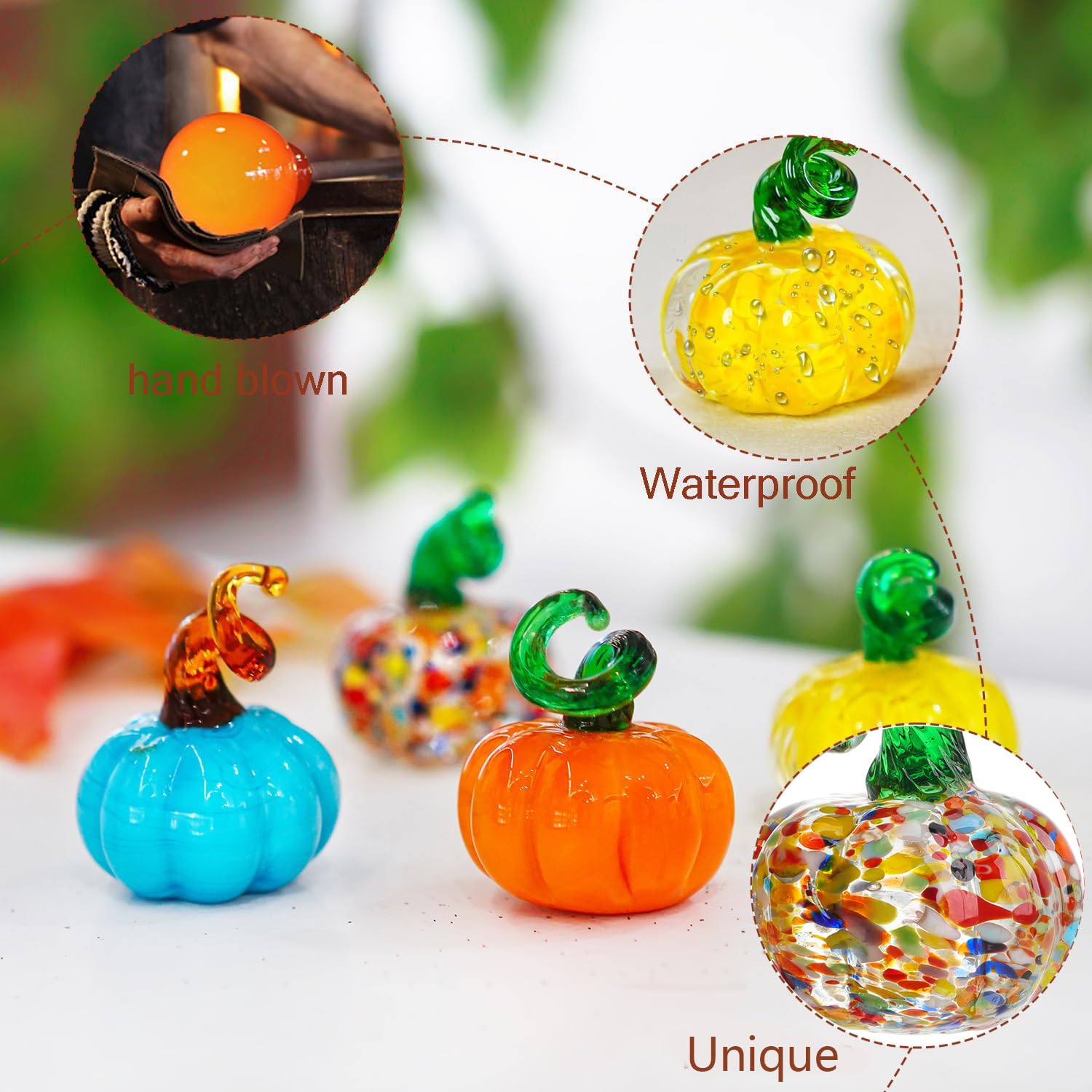 4 Stück Kürbisfiguren aus mundgeblasenem Glas, Mini Halloween Kristall Kürbis Kunstornamente für Familien Thanksgiving