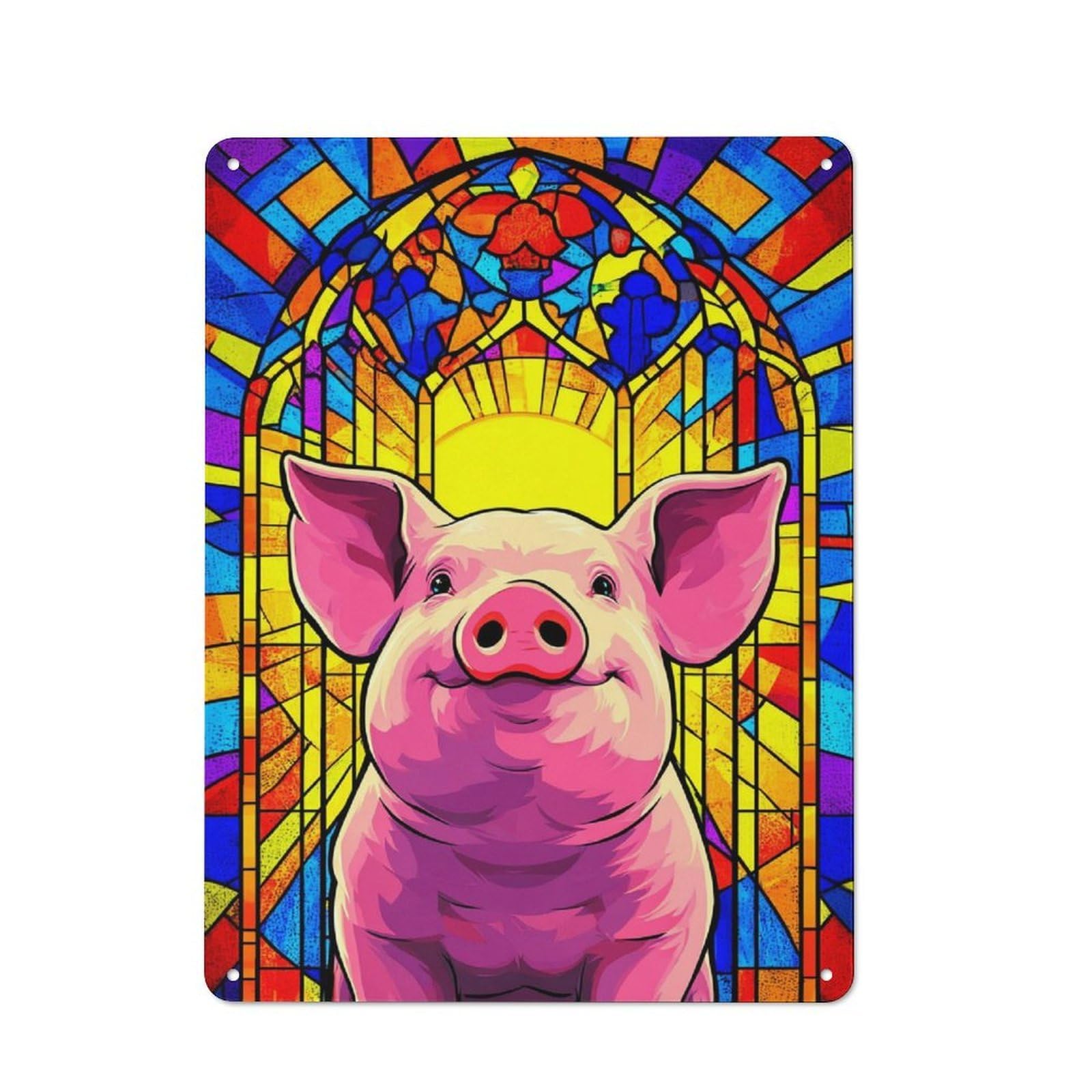 Junmoney Stained Glass Pig Portrait -1 Vintage Tin Sign 40X30cm, Country Style Bistro Wall Plaque For Bakery, Diner, Cafe Or Family Room