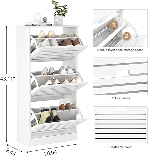Miniatura 2 de VERYKE Zapatero independiente con 3 cajones, organizador de almacenamiento con puertas abatibles, asa y estante ajustable, todo de acero para