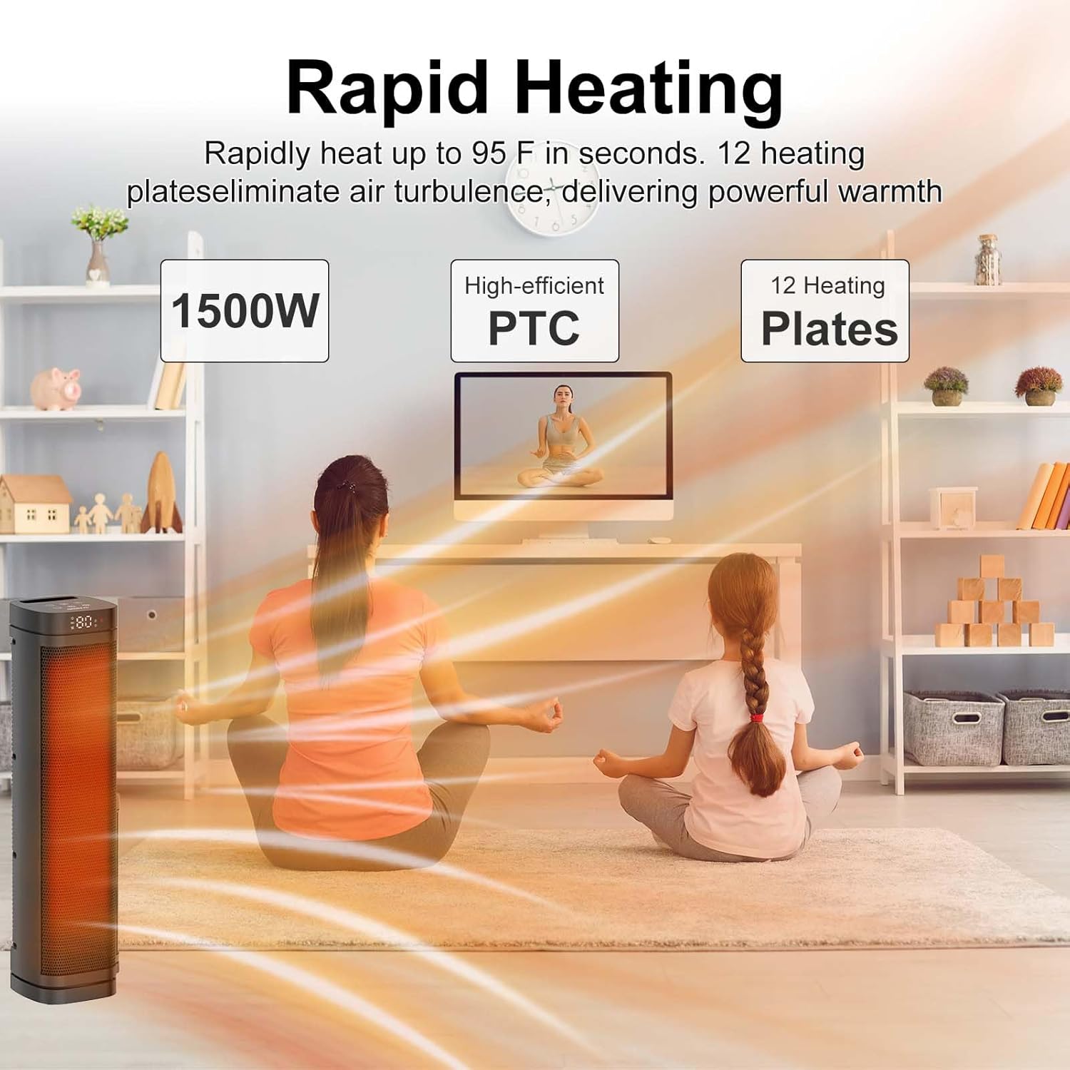 Space Heater for Indoor Use - 24 inches 1500W Electric Heaters with Thermostat, 70° Oscillation, 5 Modes, Remote, 12H Timer, Quiet Portable Heater for Office, Bedroom, Large Room