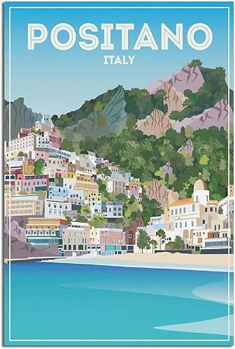 Positano - Póster de viaje vintage con diseño de edificio de Italia, pósteres decorativos de 12 x 18 pulgadas (11.8 x 17.7 in)