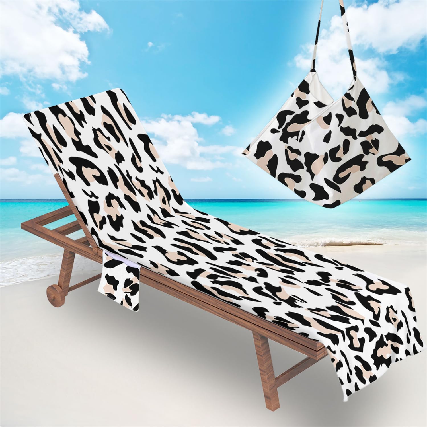 Surwin Sun Lounger Towel with Pockets, Leopard Print Beach Towel Chair Cover Sunbed Towels Lounger Bag for Summer Holiday Outdoor Garden Pool Vacation -White, 75x210cm
