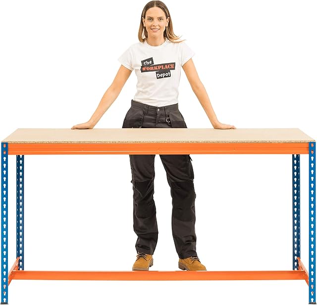 Workbench Table - 1 Shelf Bench with Heavy Duty 300kg Capacity - Blue/Orange - The Workplace Depot