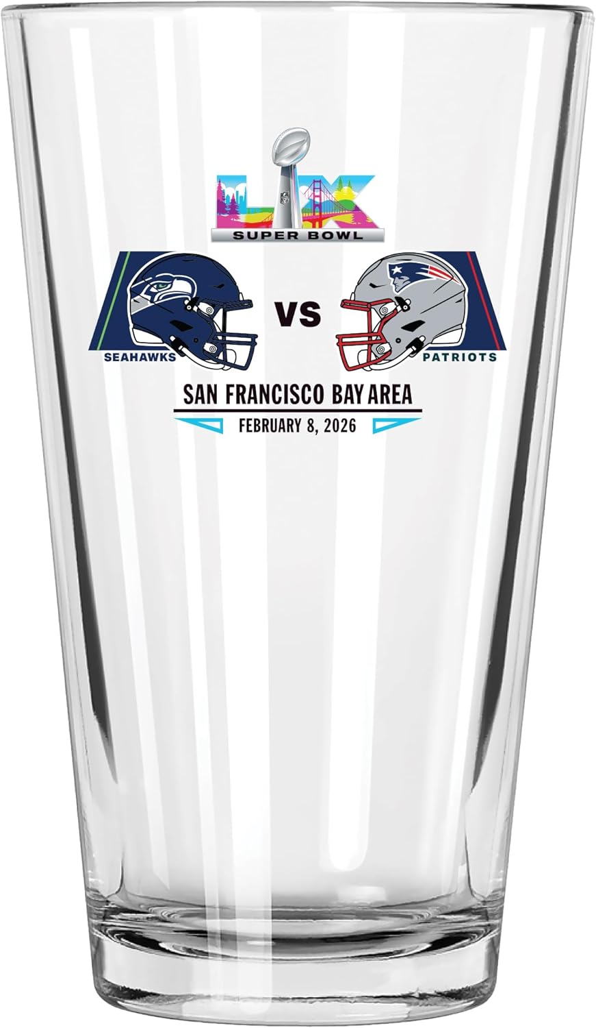 The Memory Company Officially Licensed NFL Seattle Seahawks vs. New England Patriots 2025 Super Bowl LX Dueling 16oz Pint Glass, Direct Print