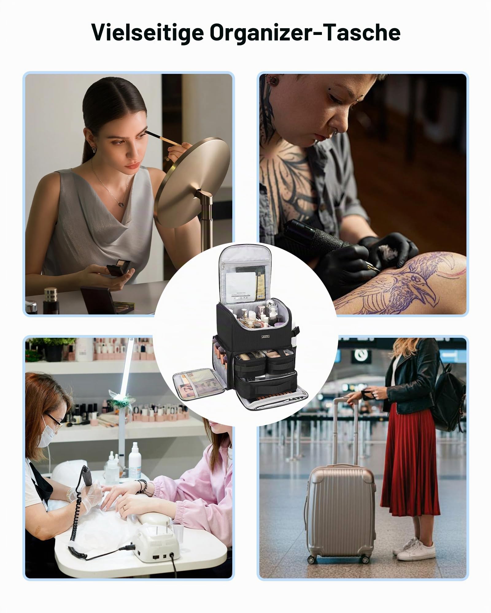 Relavel Makeup-Rucksack, große Make-up-Tasche mit 3 klaren Sets, Doppelwandige professionelle Kosmetiktasche für Reise-Train-Case, Make-up-Artist-Set mit verstellbaren Fächern