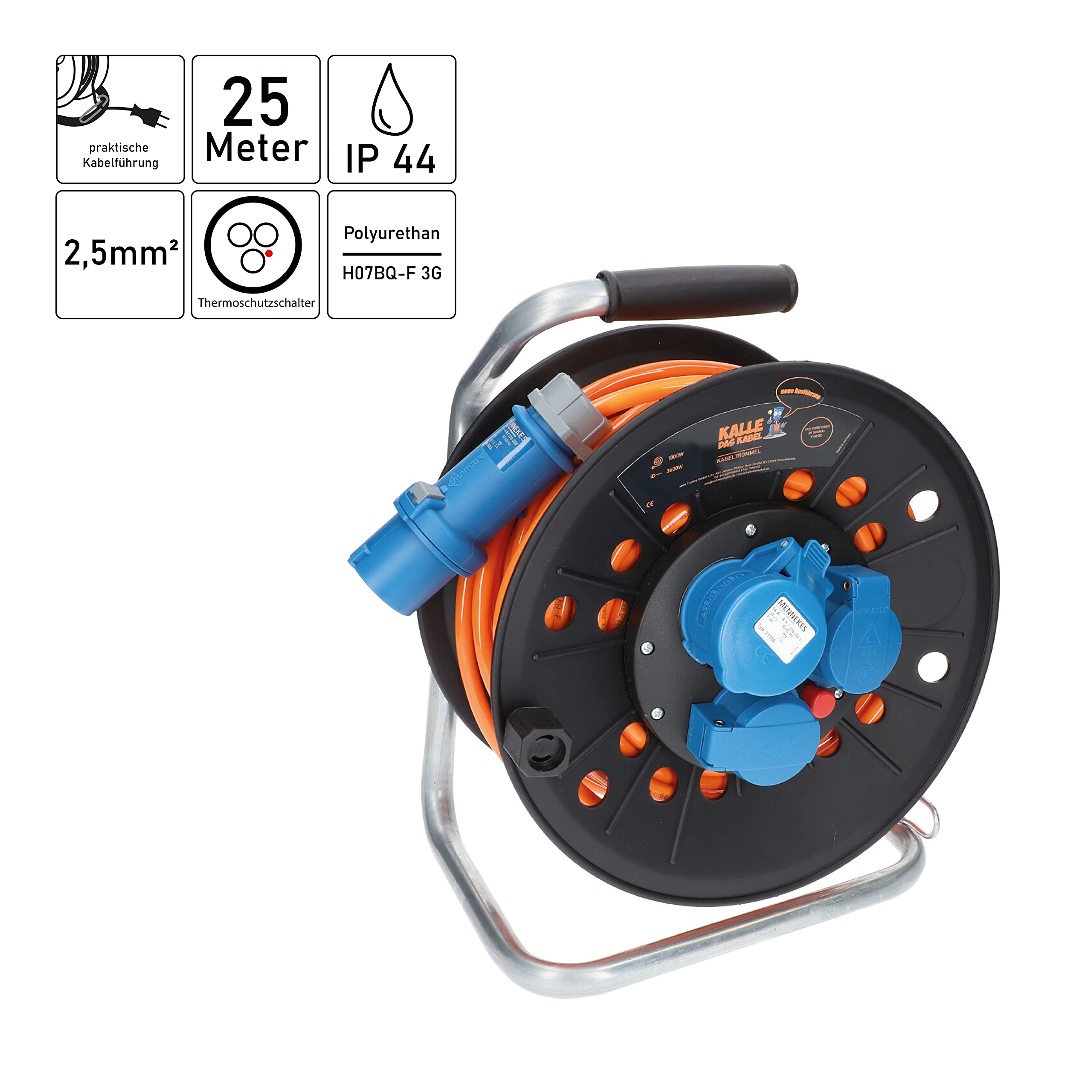 KALLE DAS KABEL Rallonge Electrique Enrouleur 25m CEE, Kit avec câble de raccordement 1,5m, Polyuréthane H07BQ-F 3G 2,5mm² EXTREME SIGNAL, pour camping, bricolage & jardin, Made in Germany